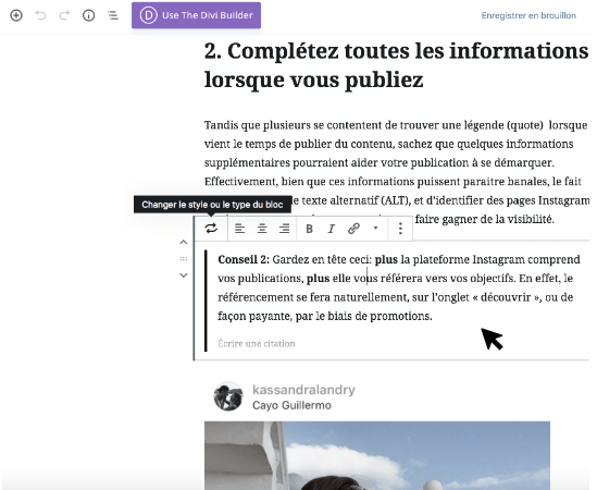 Imprime-écran d'un bloc de la plateforme WordPress